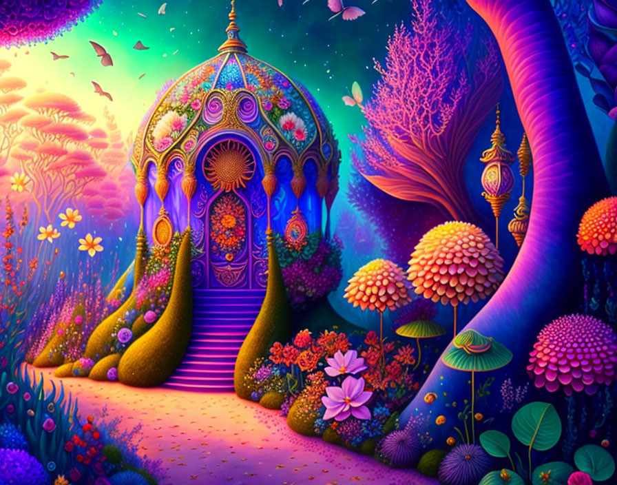 Colorful fantasy landscape with peacock-themed gazebo and winding trees.