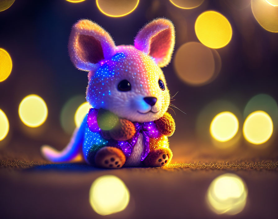 Colorful illuminated toy mouse with sparkling dots on golden bokeh background