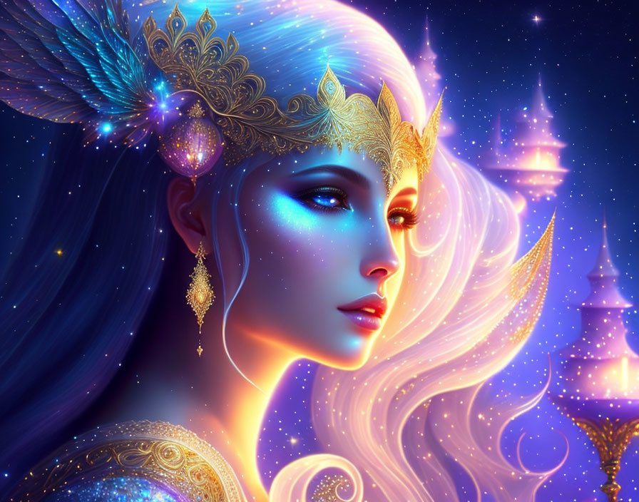 Celestial female figure with gold ornaments and blue skin in cosmic setting