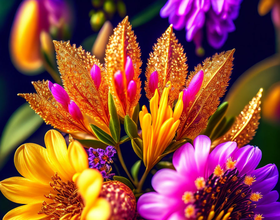 Colorful Bouquet of Golden Yellow and Purple Flowers on Dark Background