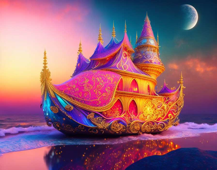 Fantastical palace with ship-like spires at sunset