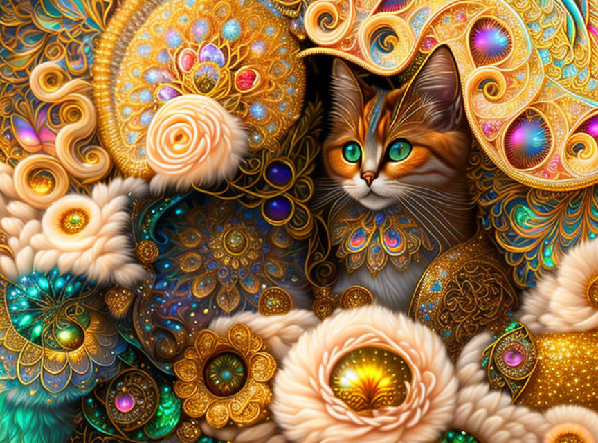 Turquoise-eyed cat among golden floral tapestry