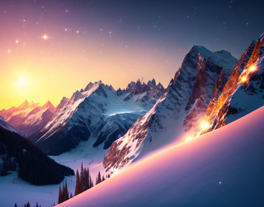 Majestic snow-covered mountains under starry twilight sky