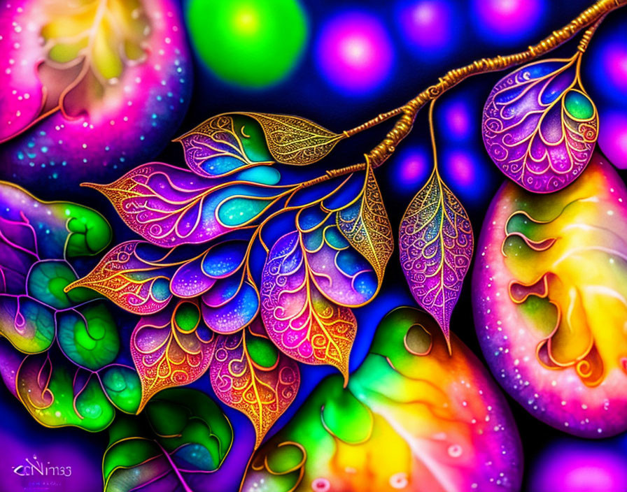 Colorful digital art: stylized multicolored leaves with intricate patterns on bokeh background