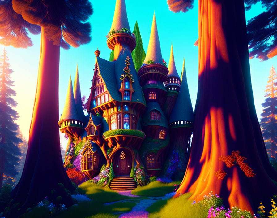 Colorful Castle with Pointed Towers in Magical Forest at Sunset