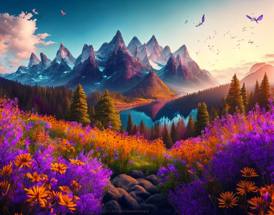 Scenic landscape: purple wildflowers, calm lake, snow-capped mountains