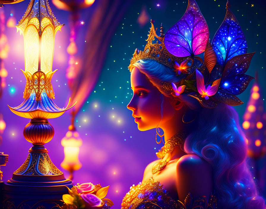 Illustration of woman with butterfly wings and glowing lamp in magical setting