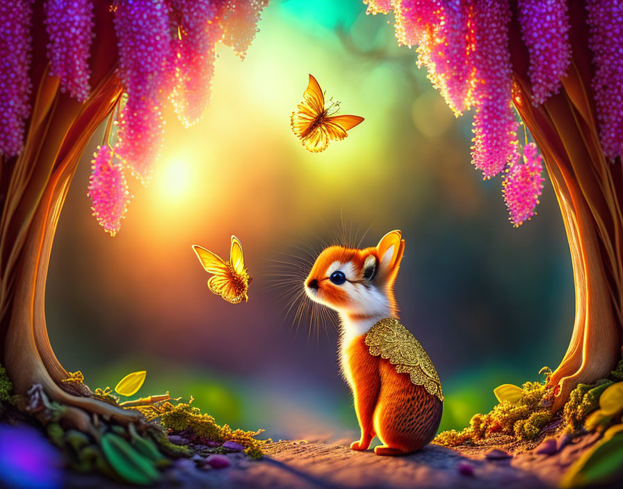 Small orange fox with wings admiring butterflies in vibrant flower field at sunset