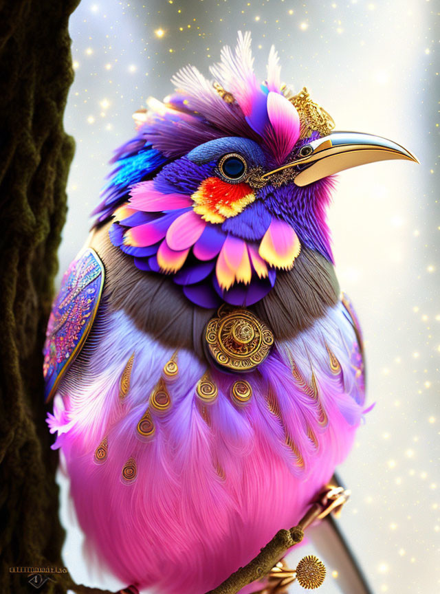 Colorful Bird Illustration with Purple, Pink, and Blue Feathers on Branch