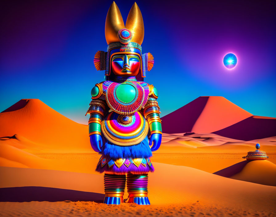 Futuristic statue in surreal desert landscape with celestial sky