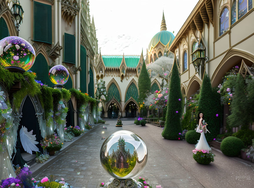 Fantastical Gothic garden alley with iridescent bubbles and reflective sphere