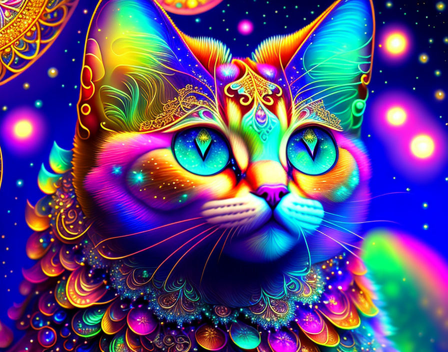 Vibrant Psychedelic Cat with Cosmic Patterns and Colors