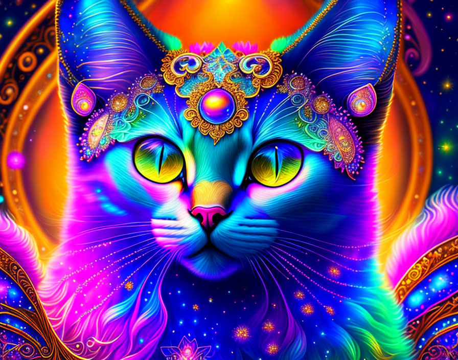 Psychedelic Cat with Cosmic Elements and Vibrant Colors