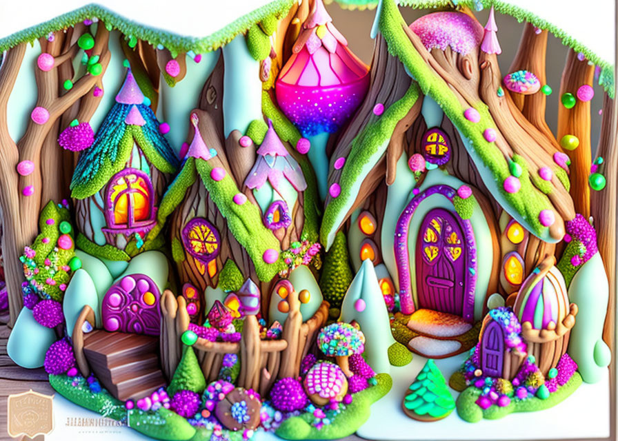 Colorful Fairy Tale Village Illustration with Whimsical Houses & Fantastical Flora