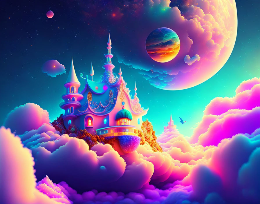 Fantasy castle in clouds with planet, colorful sky, and flying creature