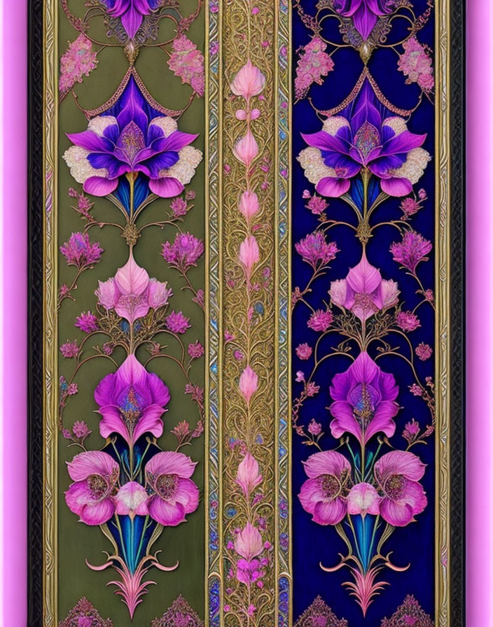 Elegant Floral Panels: Purple and Pink Flowers, Golden Accents