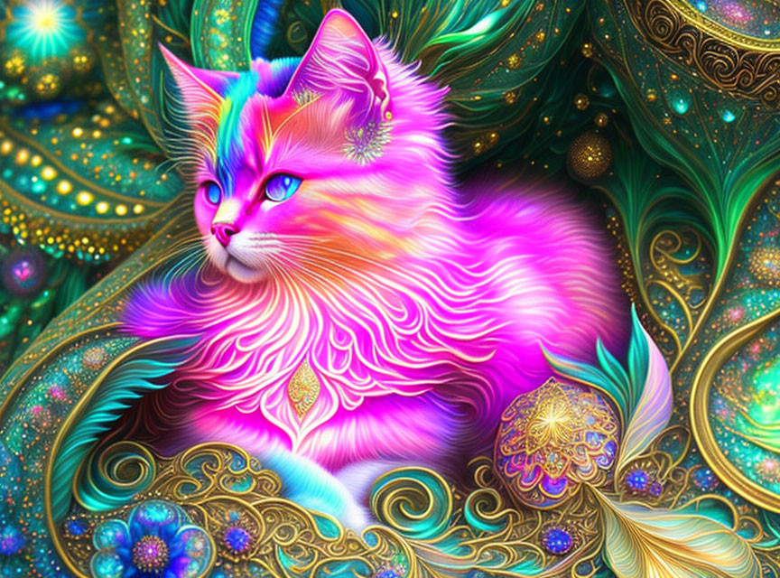 Colorful cat with intricate patterns and golden swirls in fantastical setting