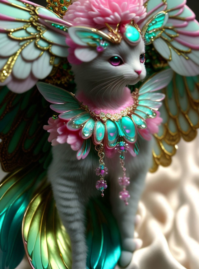 Colorful Winged Cat with Ornate Jewelry and Pastel Feathers