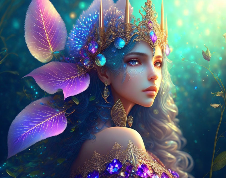 Fantastical female figure with crown and butterflies in magical forest