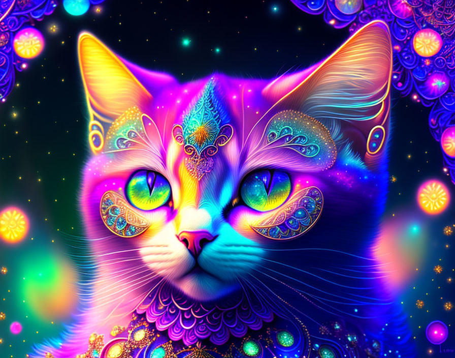 Colorful Psychedelic Cat Illustration on Neon Starry Background