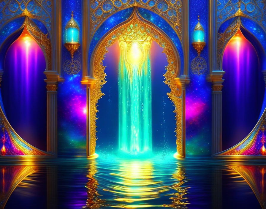 Neon-bright celestial drapes in ornate palace interior