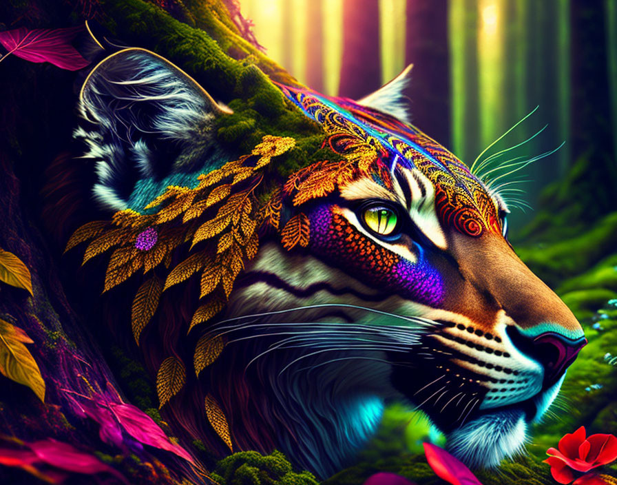 Colorful Psychedelic Tiger Artwork in Lush Forest Setting