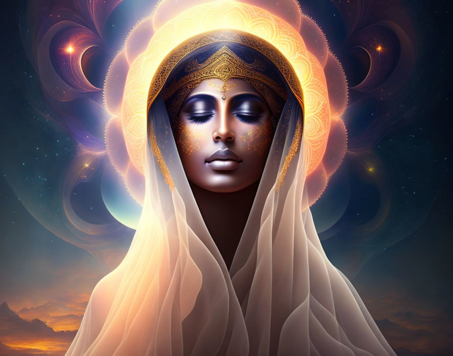 Serene woman with cosmic backdrop and golden headdress.