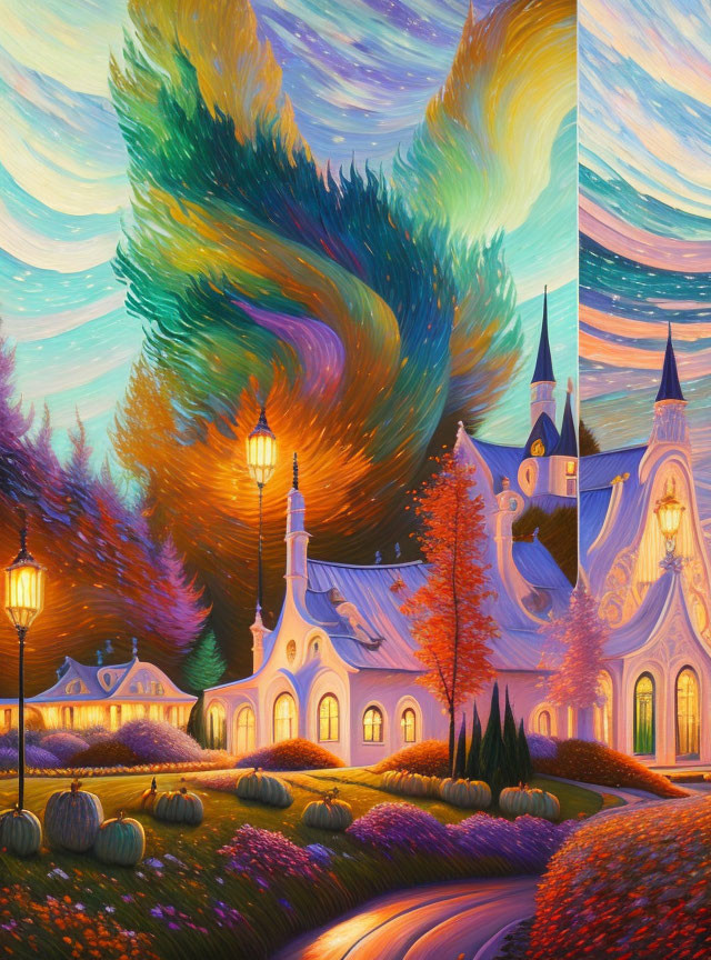 Colorful village painting with starry sky and church at twilight