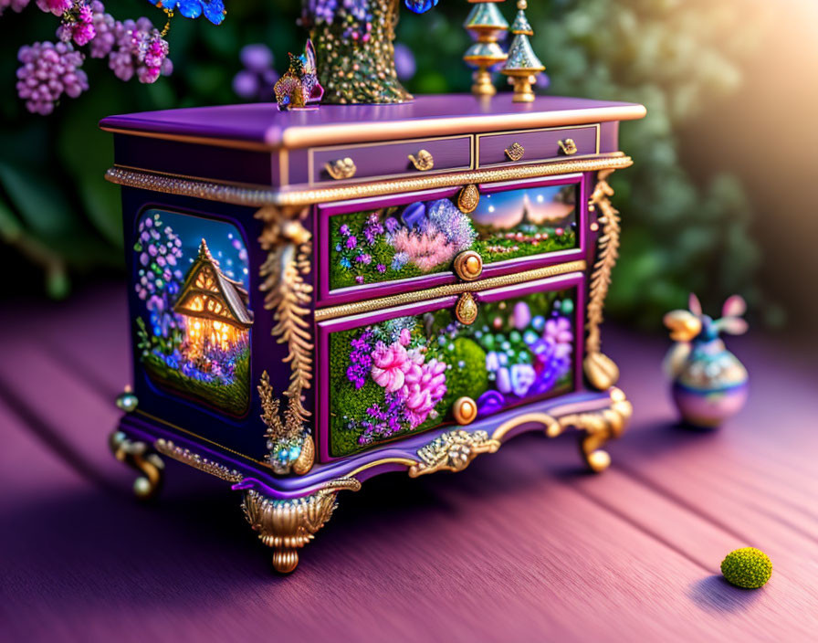 Intricate House and Flower Design Jewelry Box on Wooden Surface