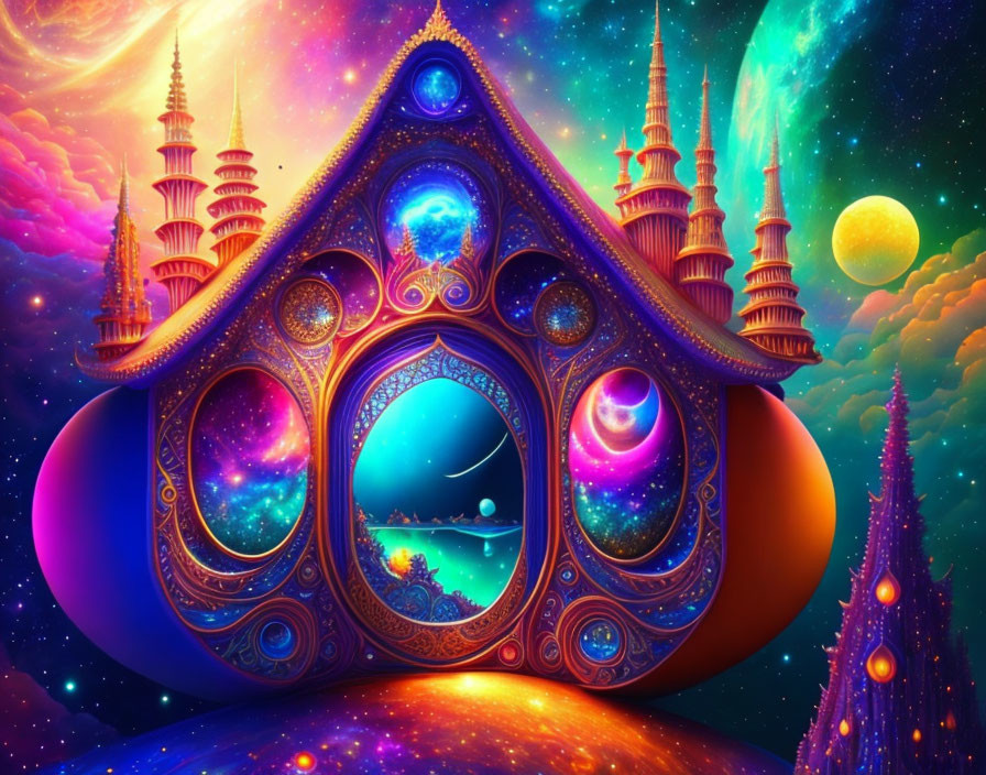 Fantastical cosmic scene with ornate palace-like structure amid stars, planets, and nebulae