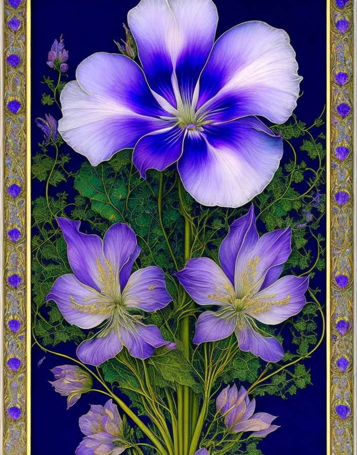 Radiant blue and purple flowers in digital artwork on deep blue background