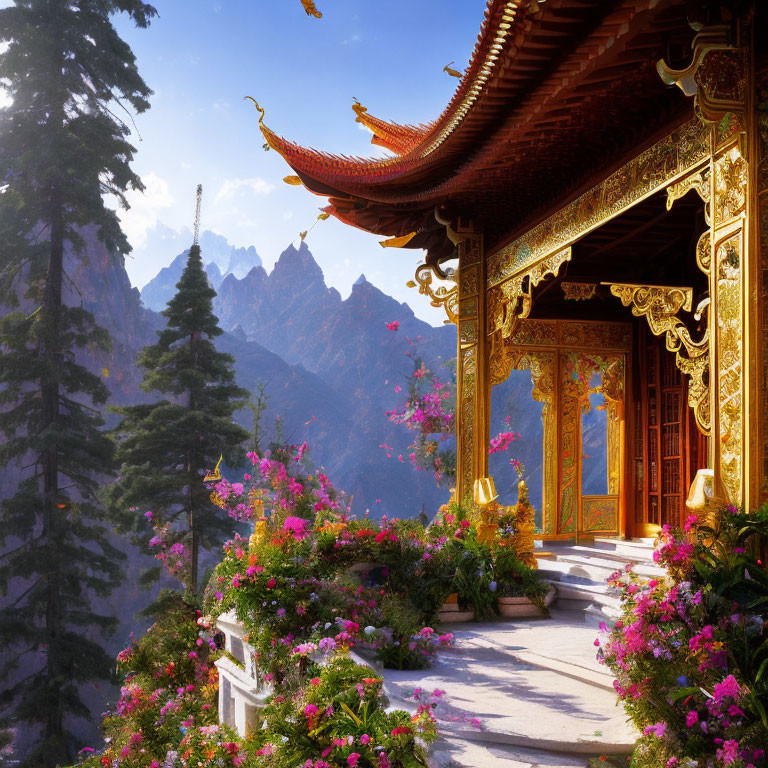 Traditional building with gold details in mountain landscape