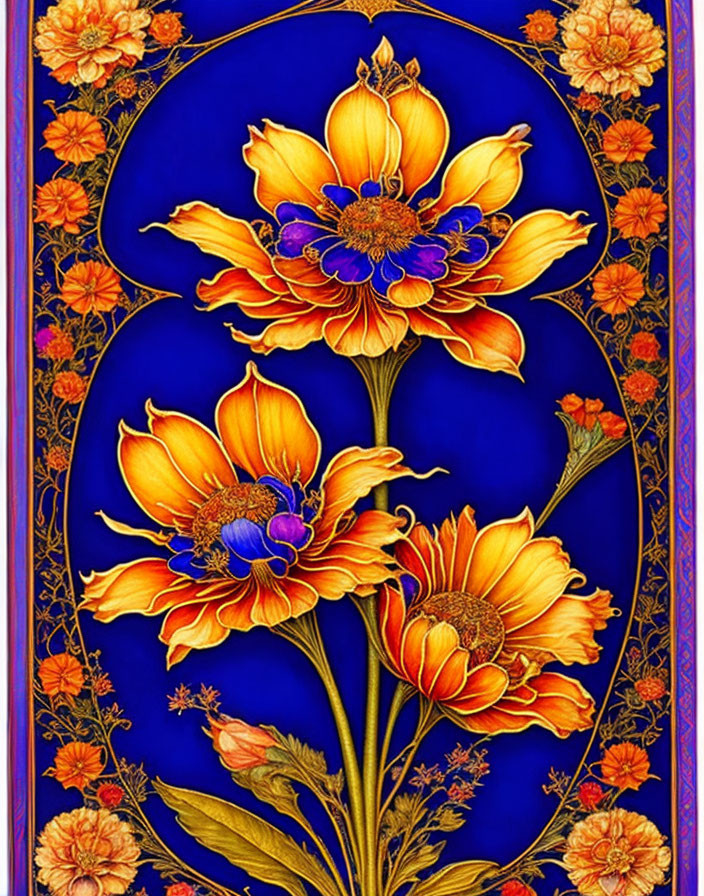 Colorful Floral Illustration with Gold Borders on Deep Blue Background