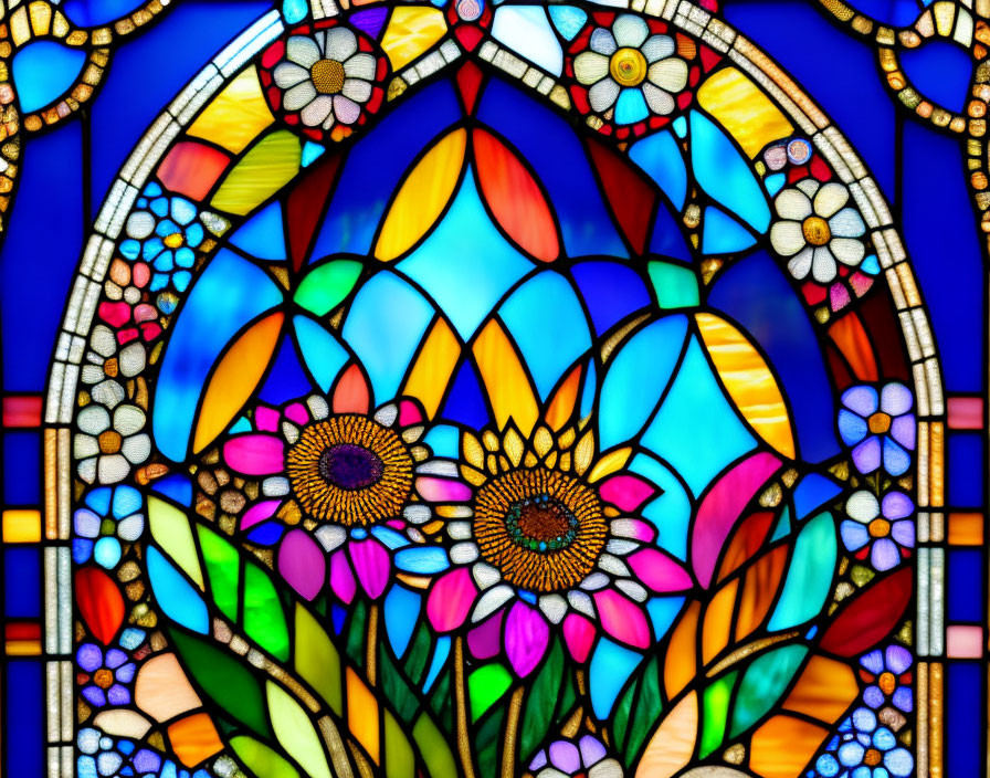 Vibrant Stained Glass Window with Floral Motifs