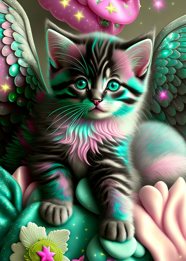 Fluffy Winged Kitten in Pink and Green Fantasy Scene