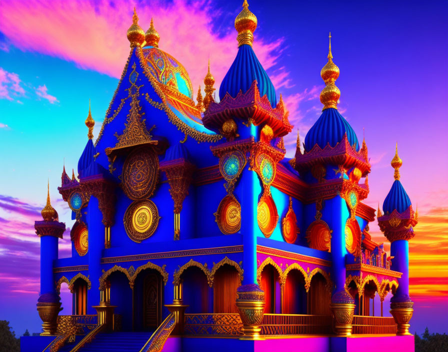 Palace with neon blue and purple lighting at sunset