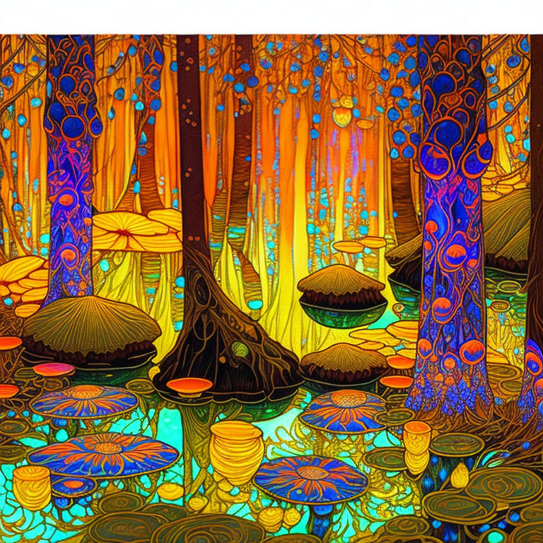 Colorful Psychedelic Forest Illustration with Oversized Mushrooms and Patterned Trees