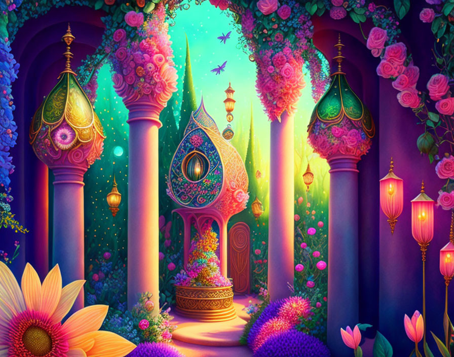 Colorful Fantasy Garden with Floral Arches and Whimsical Door