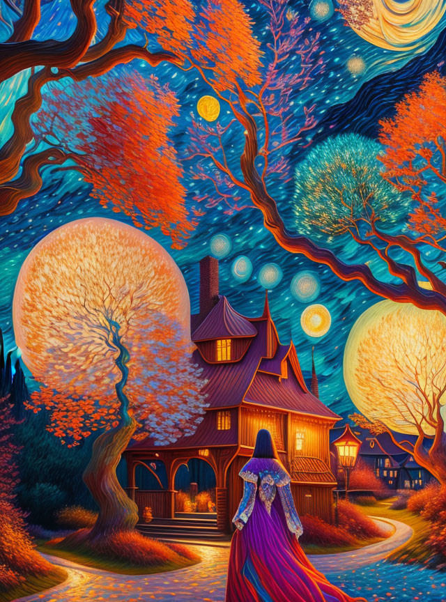 Surreal Landscape with Whimsical Cottage and Stars