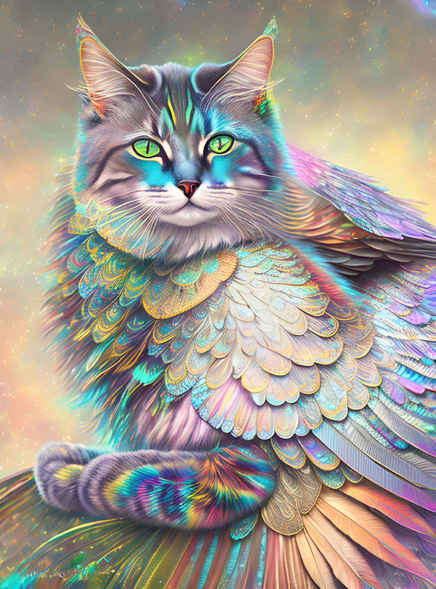 Colorful Cat with Vibrant Wings on Pastel Starry Background