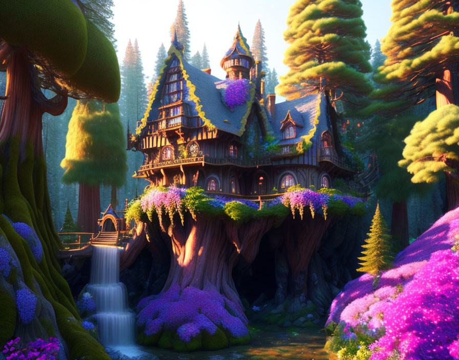 Enchanted House in Vibrant Forest with Purple Flora