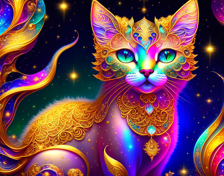 Colorful stylized cat art with gold patterns and cosmic background