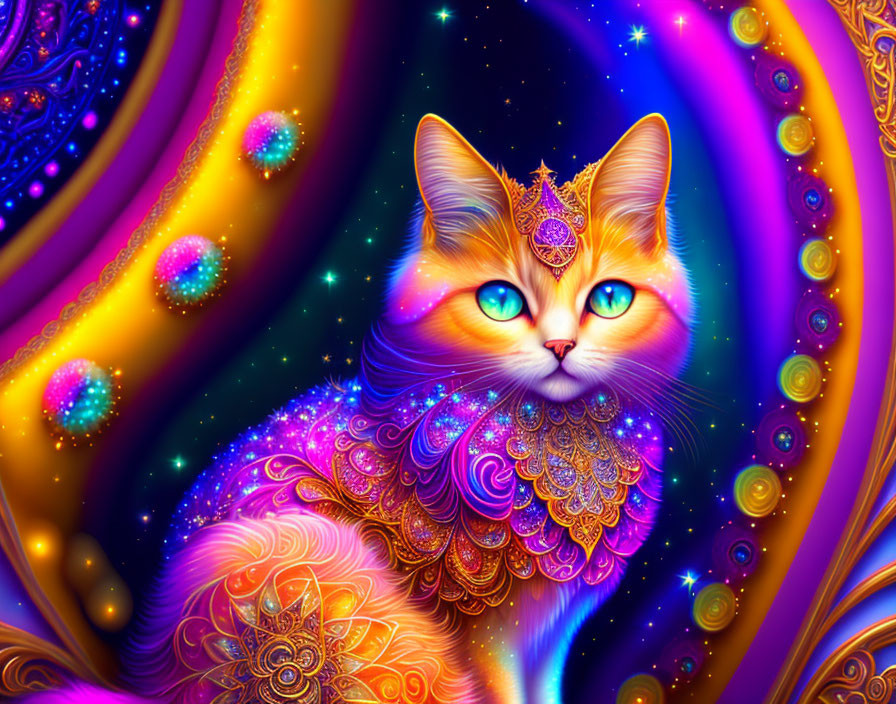 Colorful Cosmic Cat Digital Art with Ornate Patterns