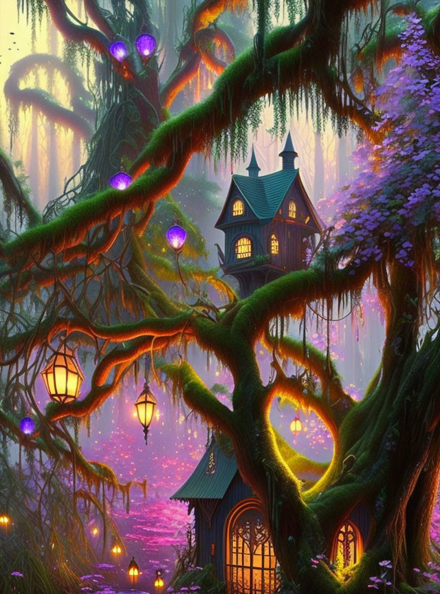 Enchanting forest cottage with magical trees and glowing orbs