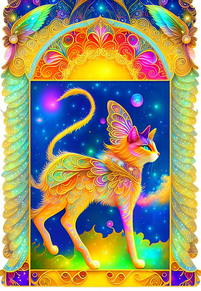 Colorful Cat with Wings and Feathered Tail in Ornate Arch Against Starry Sky