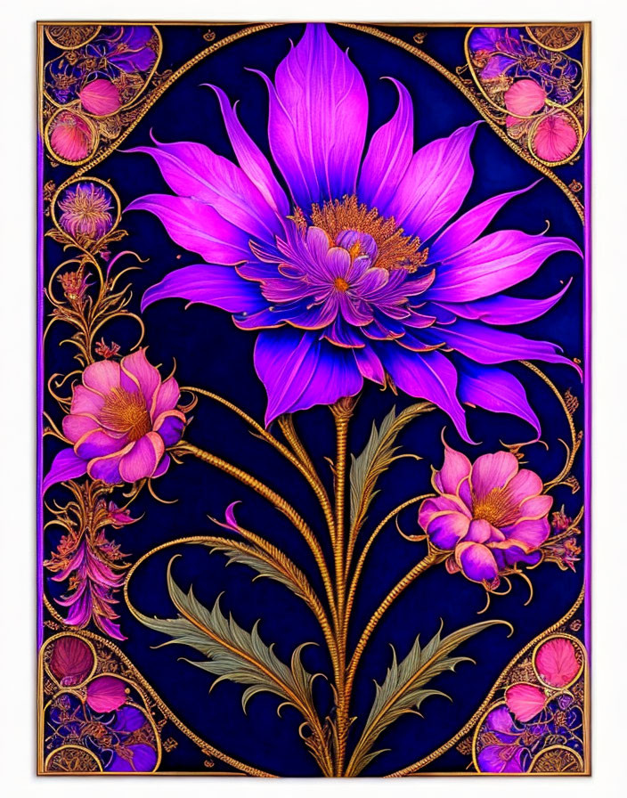 Stylized purple flower with gold details on dark blue background