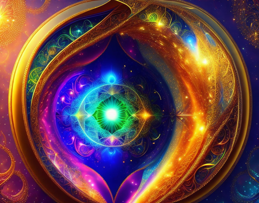 Colorful digital artwork: Golden spiral with cosmic elements in blue, green, and orange