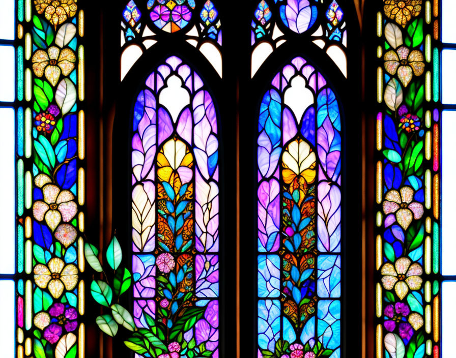 Vibrant floral stained glass window with purple, blue, yellow, and red tones