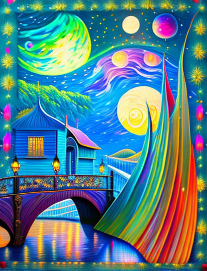 Fantastical painting: Swirling night sky, moons, colorful figure, illuminated cottage.