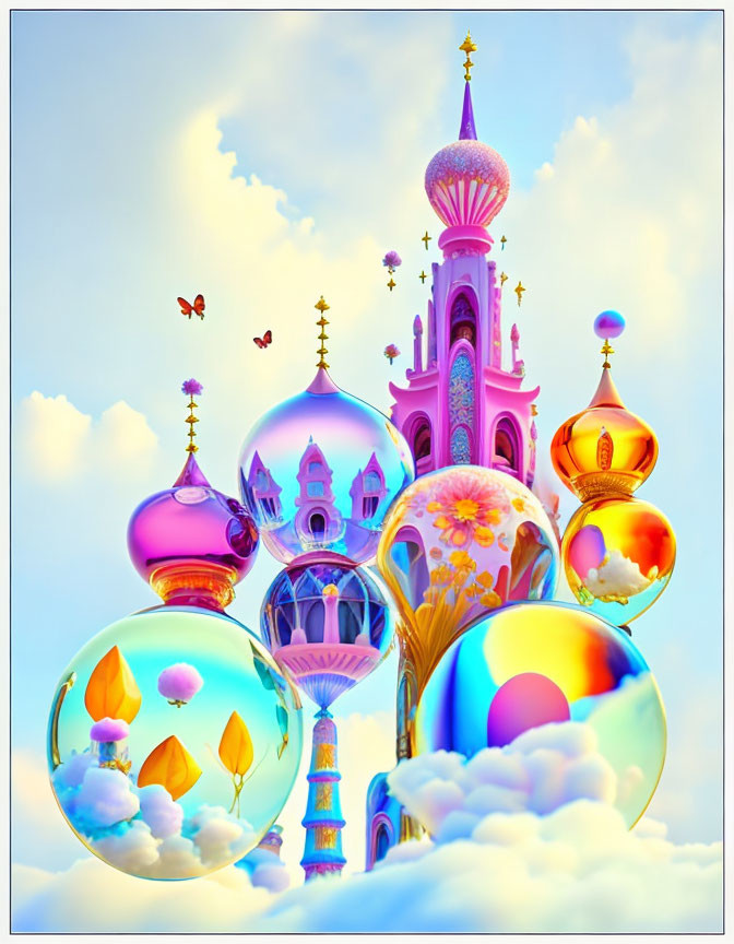 Fantasy castle with ornate towers, bubbles, butterflies in colorful sky